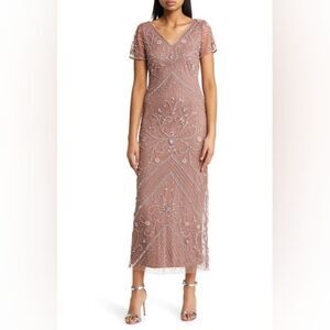 Pisarro Nights Beaded Mesh Overlay Cocktail Dress in Mauve NWT